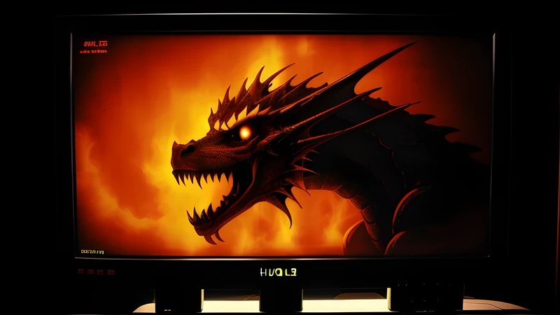 An airbrushed dragon on a game box glimpsed in a dark shop, lit in CRT orange and amber.