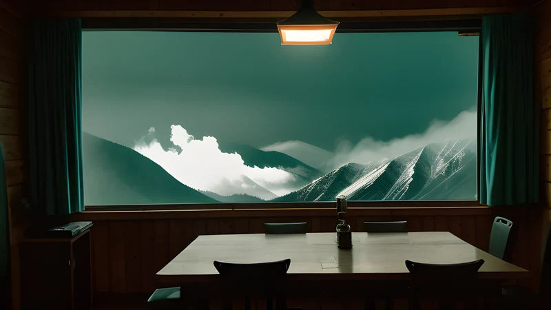 A mountain cabin interior with a shaggy wolf mask left face-up on a wooden table
