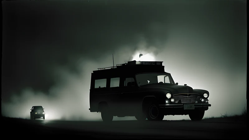 An armoured car standing in a hospital yard under heavy fog, headlamps burning through