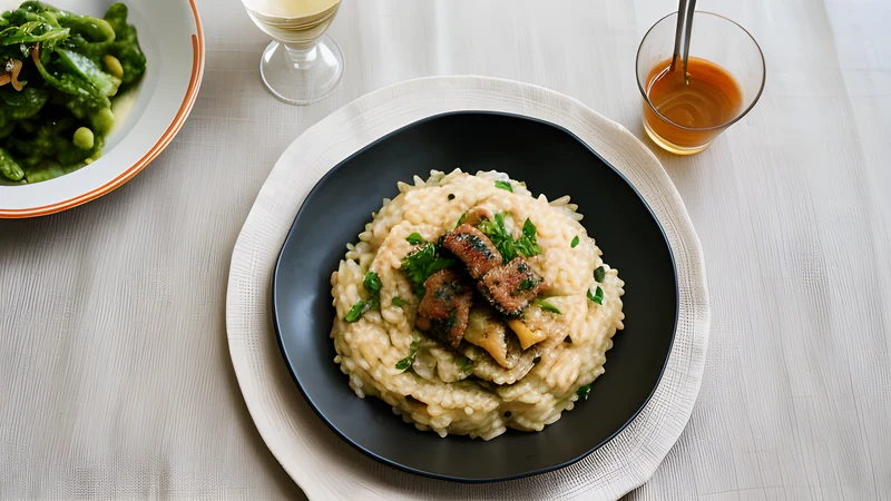 A shallow bowl of glossy jet-black risotto with pale cuttlefish pieces and chopped parsley