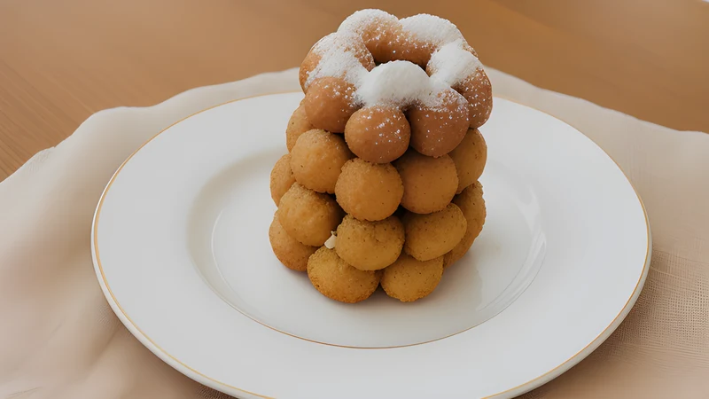 A tall cone of golden choux buns welded with caramel and wrapped in fine threads of spun sugar