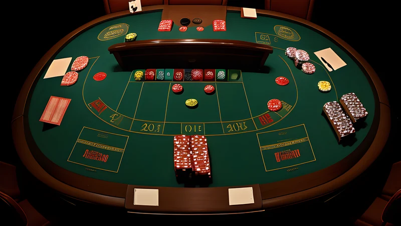 A casino table shot from directly above, with scattered chips and a dealer's hand