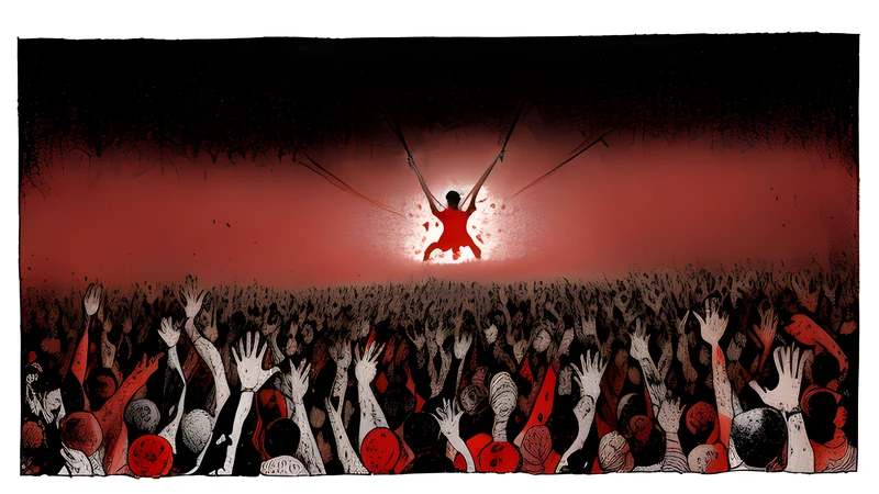 A single body carried flat over a sea of raised hands toward a bright stage, splattered crimson ink on grit
