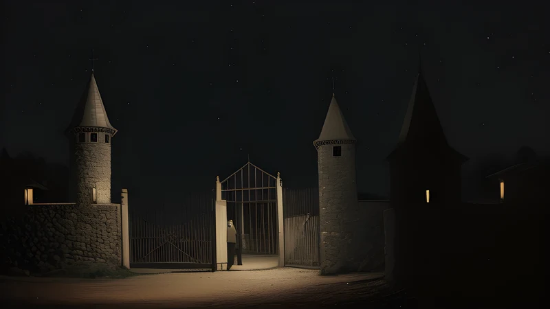 A lone gate guard standing beside a glowing constellation of networked watchtowers