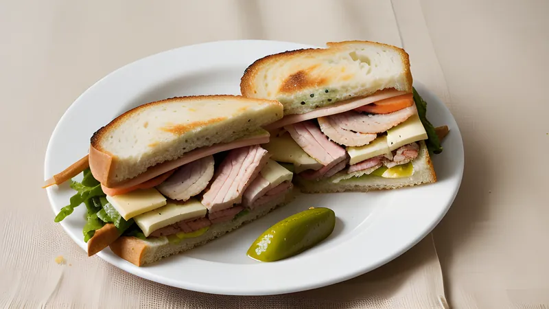 A pressed Cuban sandwich sliced diagonally, showing layers of ham, roast pork, melted Swiss cheese and pickles