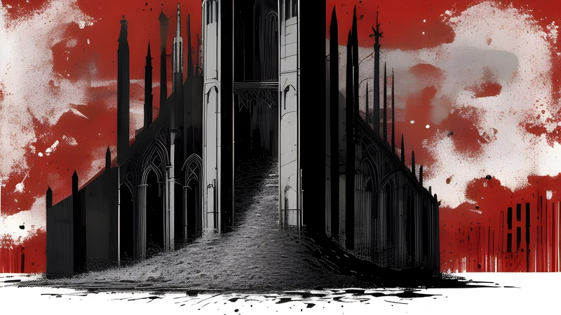 A vast industrial cathedral of guitars and light, figures dwarfed by scale, bold editorial ink with crimson spot colour