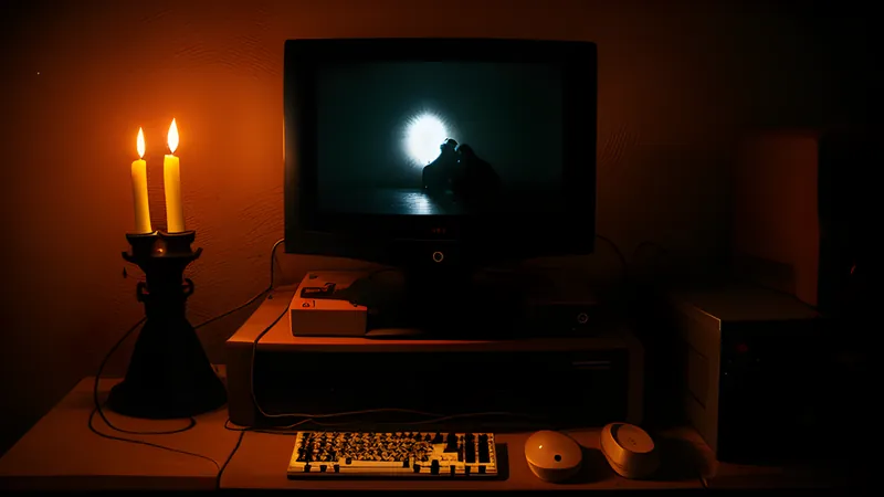 A candlelit shrine ringed by kneeling silhouettes, rendered in warm CRT amber and phosphor glow