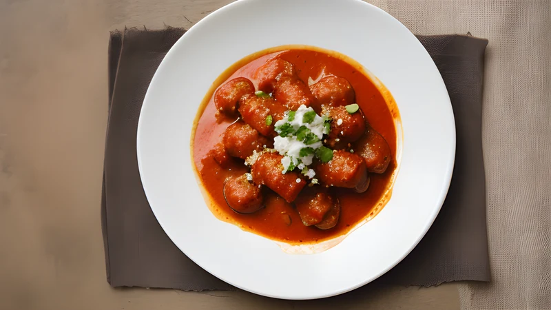 Sliced fried sausage on a paper tray under glossy orange curry sauce, dusted with curry powder, a wooden fork stuck in