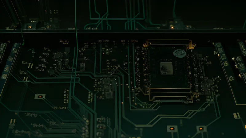 A bare circuit board with four bright port lights, radiating calm steady network lines with no fan visible