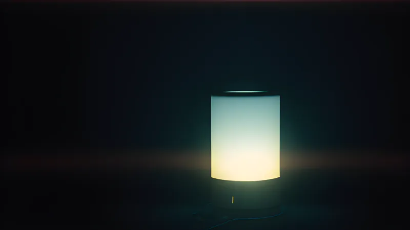 A glowing battery tower silhouette humming steady light through a brief flickering power outage moment
