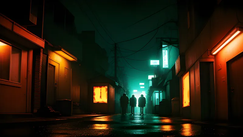 A rain-slicked neon city alley glowing amber under CRT scanlines, spy-thriller mood in a dark room