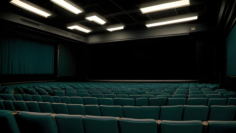 A conference hall filled with identical grey suits, repertory cinema poster style