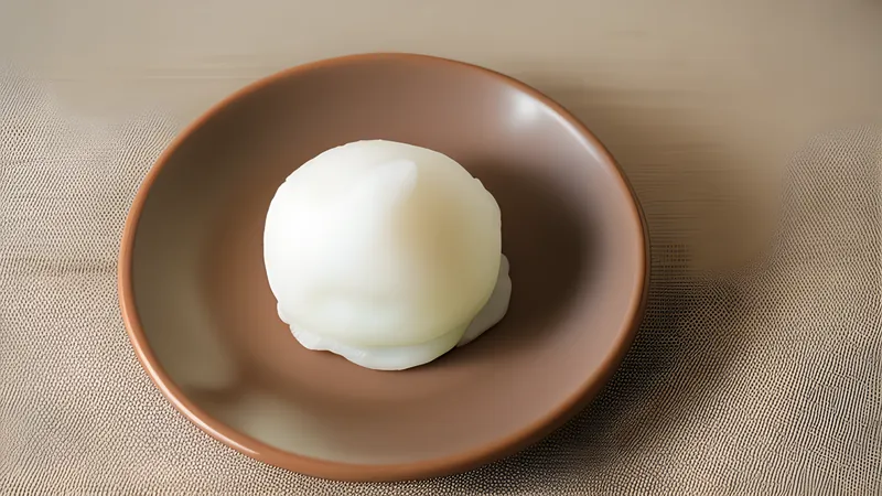Round white daifuku mochi dusted with potato starch, one cut open showing red bean paste inside