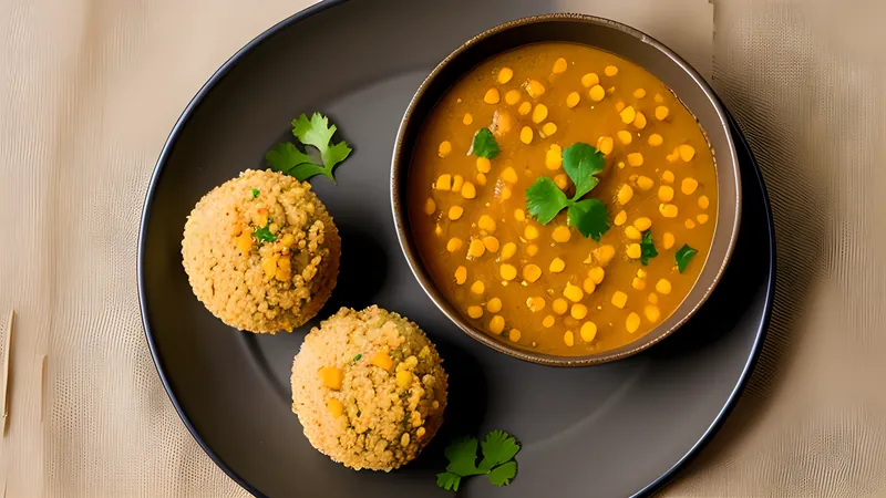 Baked baati rounds split open beside a bowl of five-lentil dal and a mound of jaggery churma