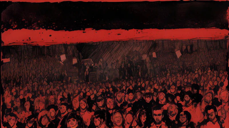 Crowd under harsh stage light inside a large indoor metal festival hall, splattered ink, crimson spot colour