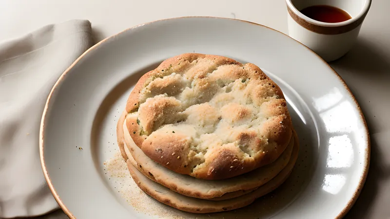 A round loaf of damper with a deeply cracked golden crust, sitting on a wire rack next to a billy of tea