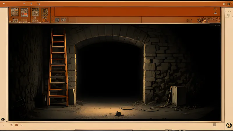 A kicked-down ladder in a vertical stone world folding back on itself, lit in burnt amber