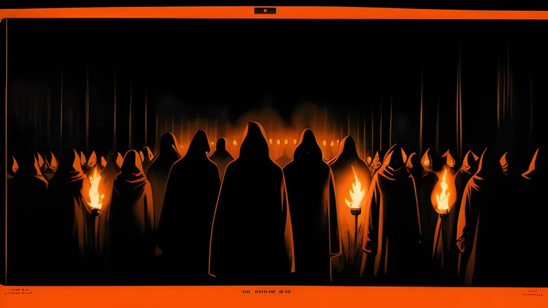 A torch-lit procession of hooded figures descending into flickering dark