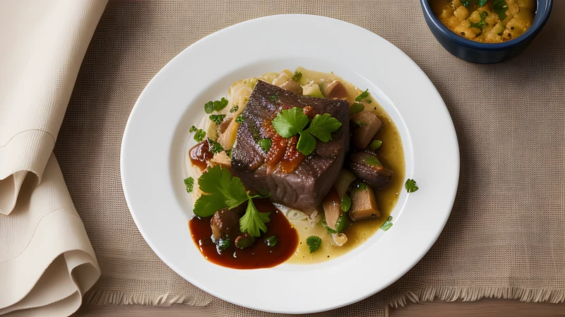 A dark earthenware pot of beef stew in glossy near-black sauce, strips of orange peel and a bay leaf visible on top