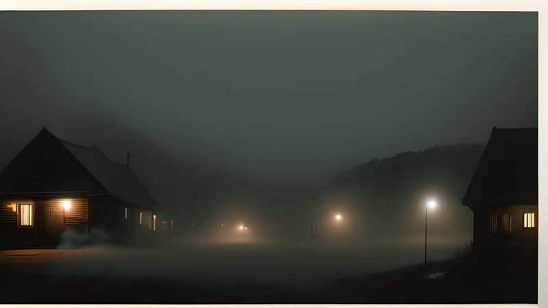 A fog-bound fishing village at night, briefly illuminated by a camera flash
