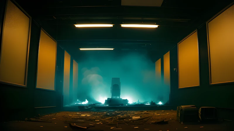 A corporate atrium with a wrecked machine lying across the floor