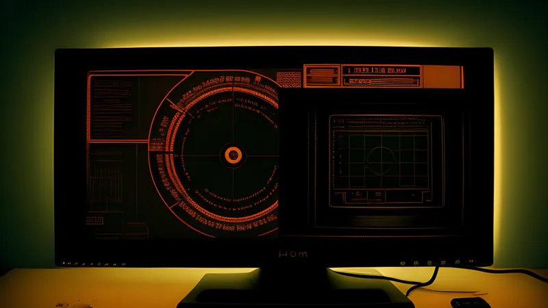 A glowing time-loop diagram hovering over a fog-wrapped art-deco island, rendered in CRT amber