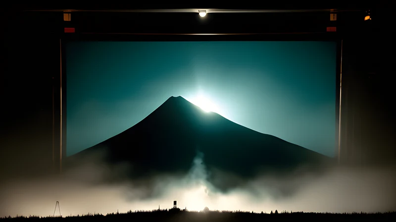 A fog-covered mountain at dusk with a mobile phone glowing on a rock in the foreground