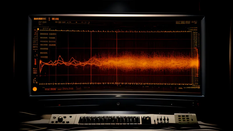 An oscilloscope waveform stretched across a dark screen, burnt amber phosphor trails and heavy scanlines