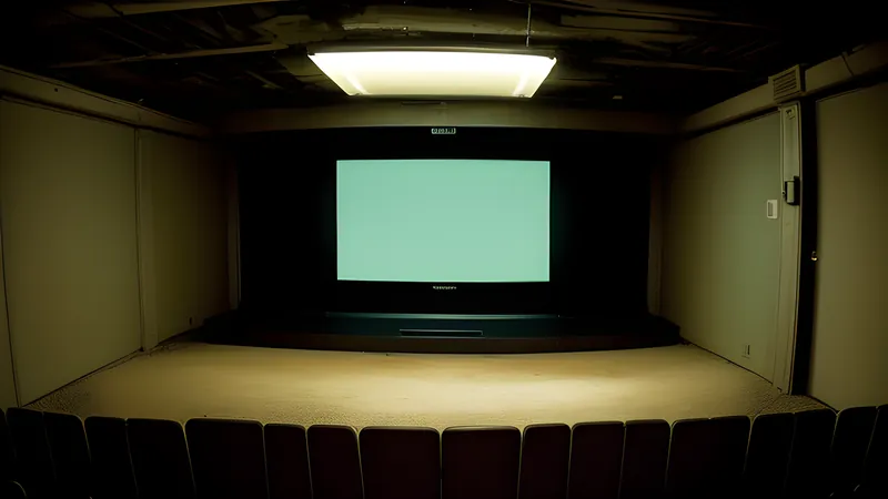 A smart-house terminal glowing amber in an empty basement, shrouded in shadow