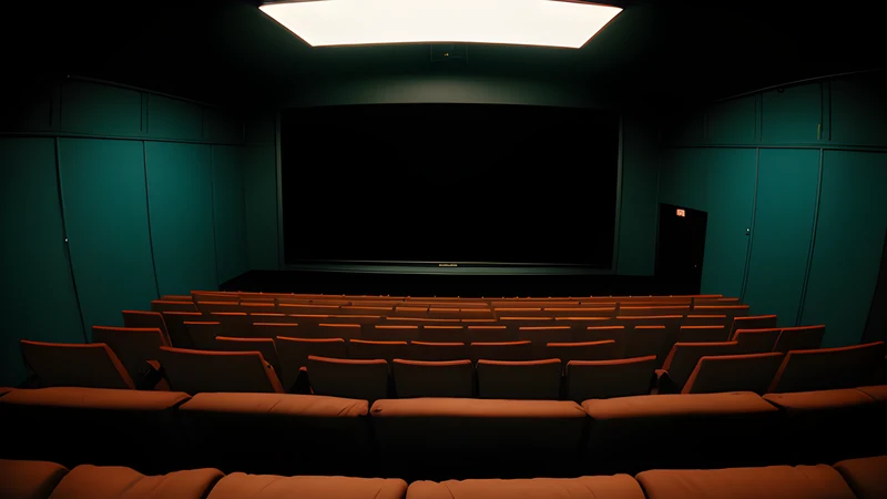 A cinema auditorium in teal and amber light, the screen tearing open above empty seats