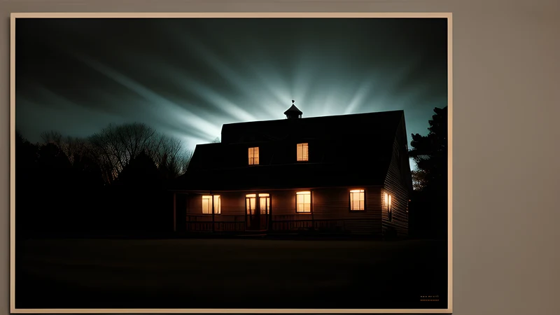 A lone Wisconsin farmhouse at dusk under a bruised sky, outbuildings dark