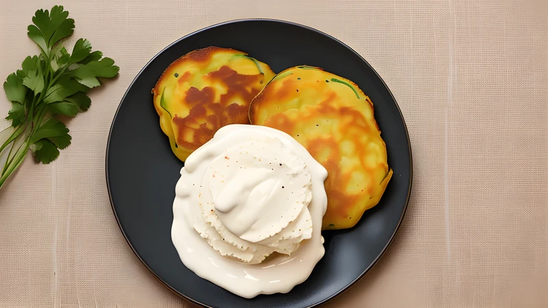 A stack of lacy-edged golden potato pancakes on kitchen paper with a bowl of soured cream and dill