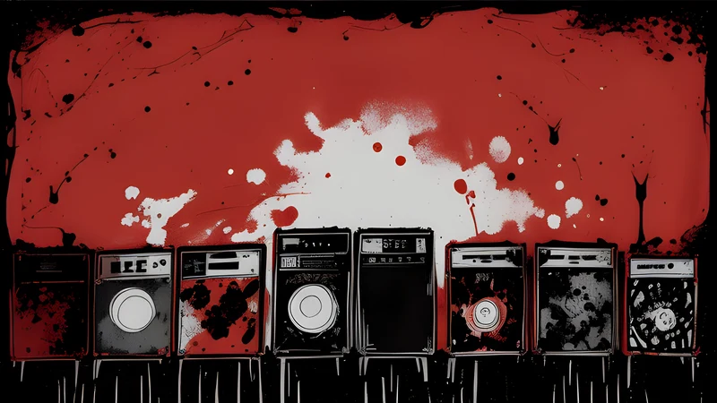 A wall of amplifiers under red haze on a Berlin club stage, splattered ink, crimson spot colour, warped perspective