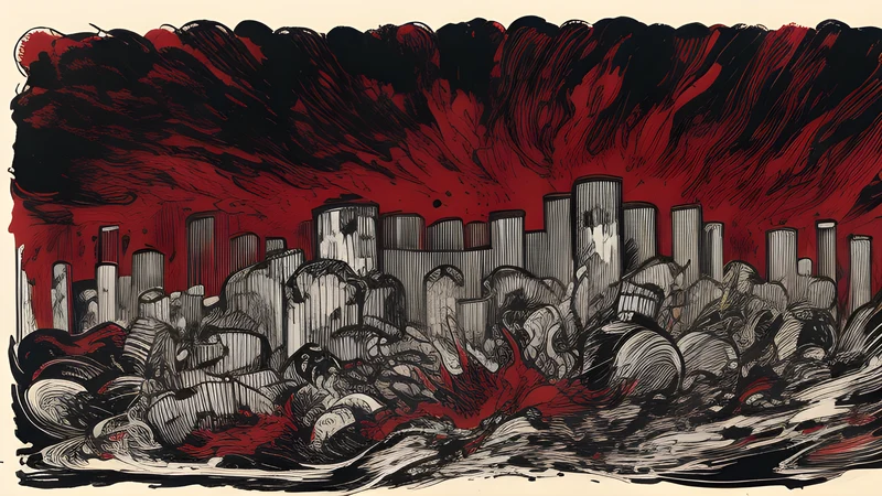 Amp stacks and smoke on a cramped Camden club stage, splattered ink, crimson spot colour, gritty texture
