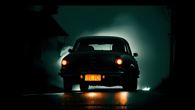 A dark rain-slicked highway at night with a single car, in teal and amber repertory-poster style