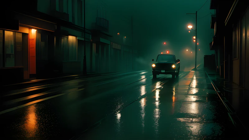 A rain-slick city street under a failing streetlamp, squad-car light bleeding into amber and teal smoke, repertory poster style