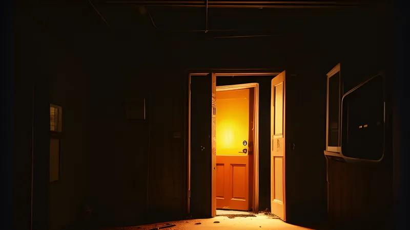 A locked door with three faintly lit ways past it — a vent, a keypad, a cracked wall — in amber CRT glow
