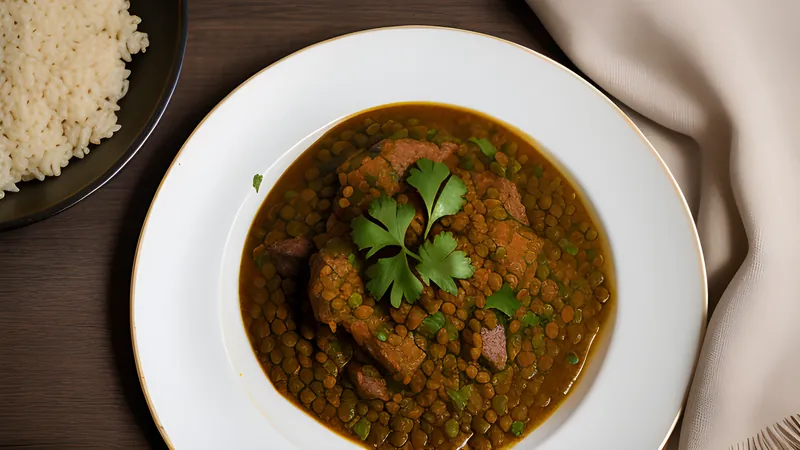 A bowl of dhansak lentil and mutton stew beside caramelised brown rice