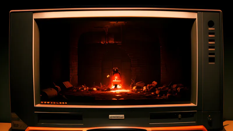 A hellish loot-strewn dungeon glowing red, rendered in CRT amber glow