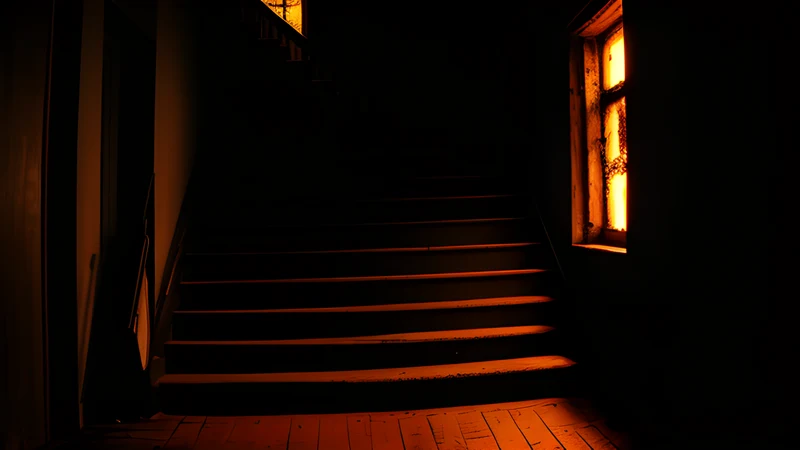 A single steep staircase rising into darkness in an empty room, lit by amber CRT glow