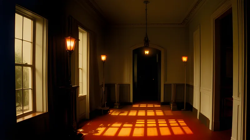 A candlelit mansion corridor with a single unlatched window and drifting curtain, amber CRT phosphor glow