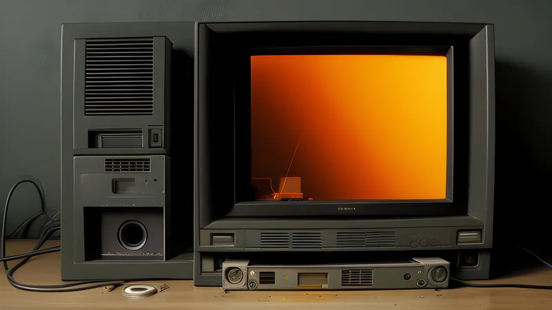 A floppy disk and a cassette tape glowing side by side under CRT light