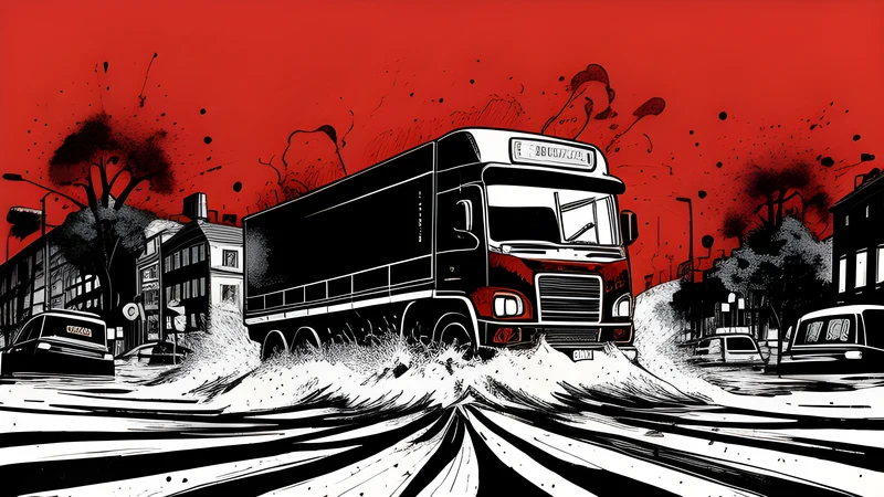 Dense crowd flooding a Copenhagen street behind a flatbed sound truck, warped ink lines, crimson haze