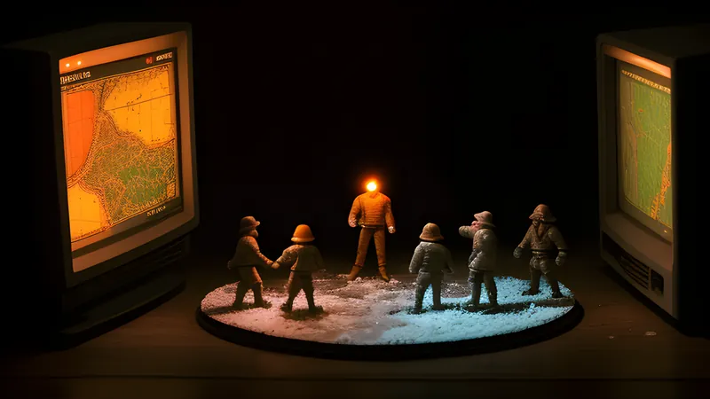 A tabletop diorama of tiny figures frozen mid-decision around a battle map