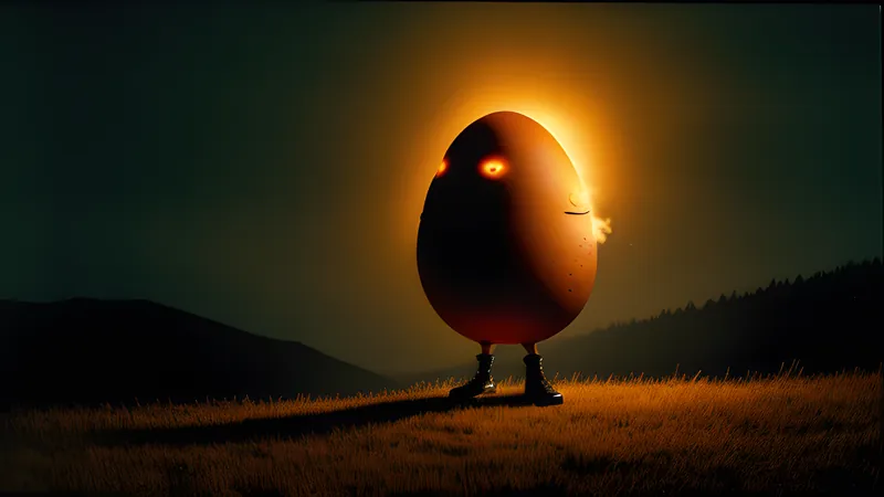 An egg-shaped figure with tiny boots standing atop a rolling fantasy hillside