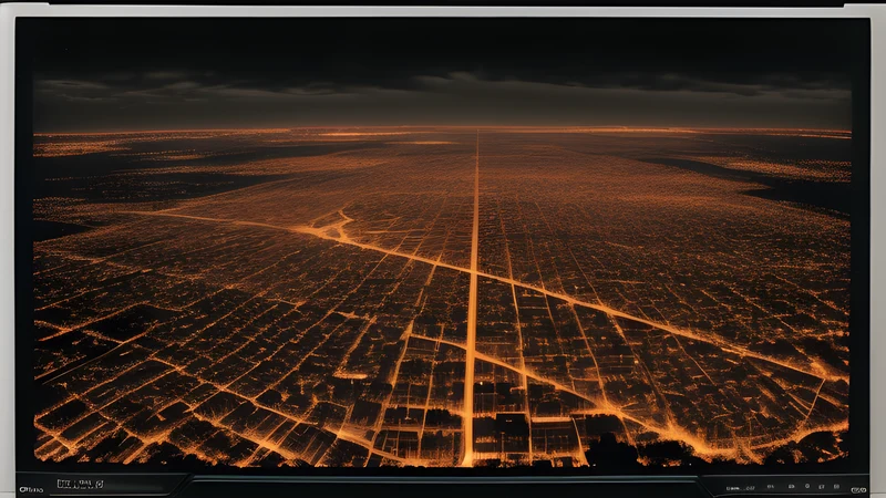 An aerial grid of a city street plan glowing in amber on a dark screen, scanlines and phosphor bloom