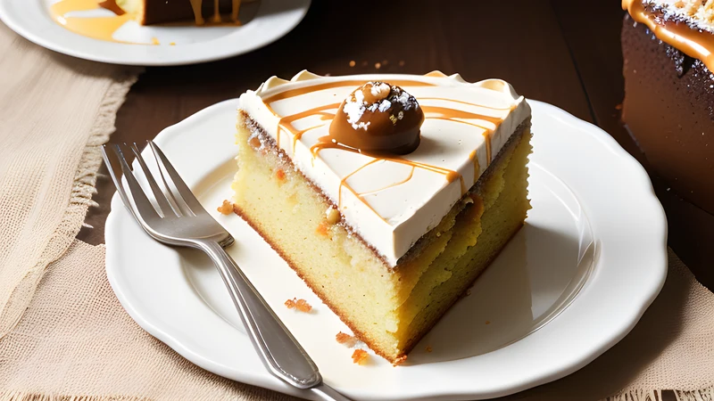 A slice of layered sponge cake with dark chocolate buttercream and a glossy amber caramel wedge propped on top
