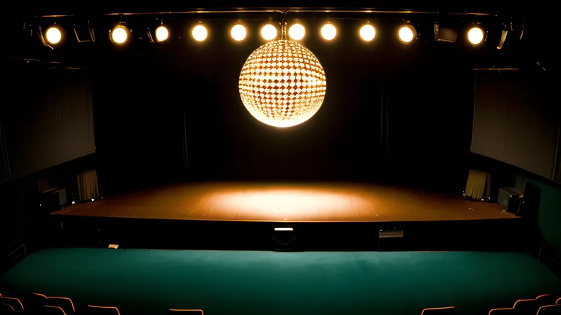 Repertory poster art of a nightclub microphone under a single spotlight with kung-fu silhouettes behind, teal and amber, projector light through smoke