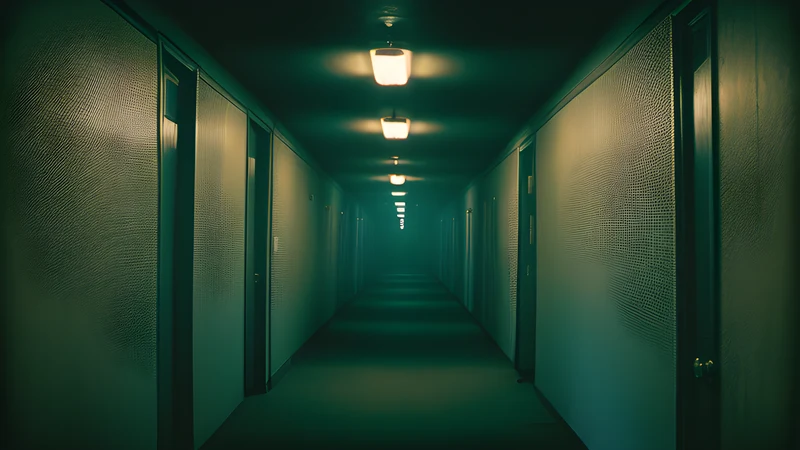 A peeling asylum corridor with a single door ajar at the far end, rendered as a repertory cinema poster in teal and amber