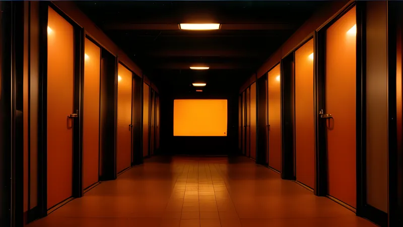 An interlocking floorplan of corridors glowing red at the keyed doors